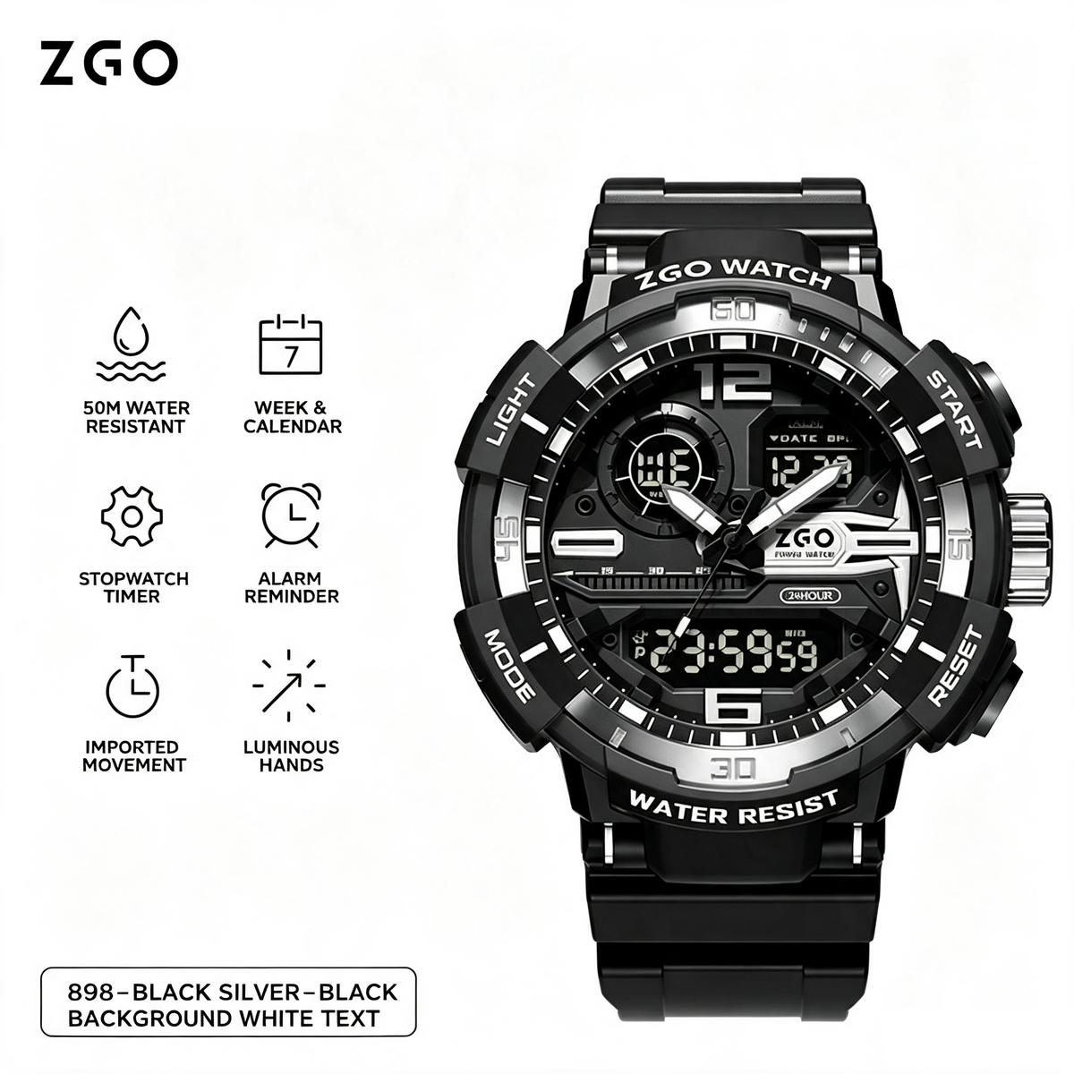 ZGO Black Silver Mecha‑Style Student Electronic Watch, 50M Water Resistant Luminous Hands Sports Wristwatch for Boys