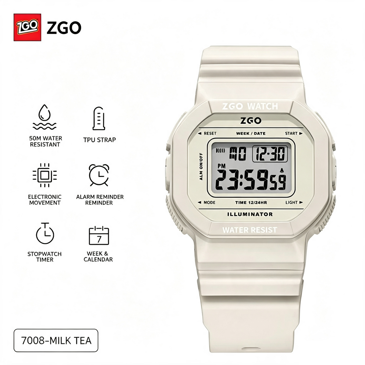 ZGO Retro Square Digital Watch for Women Girls, 50M Waterproof Milk‑Tea Beige Wrist Watch with Pink Ribbon Gift Box, Alarm Stopwatch Student Watch