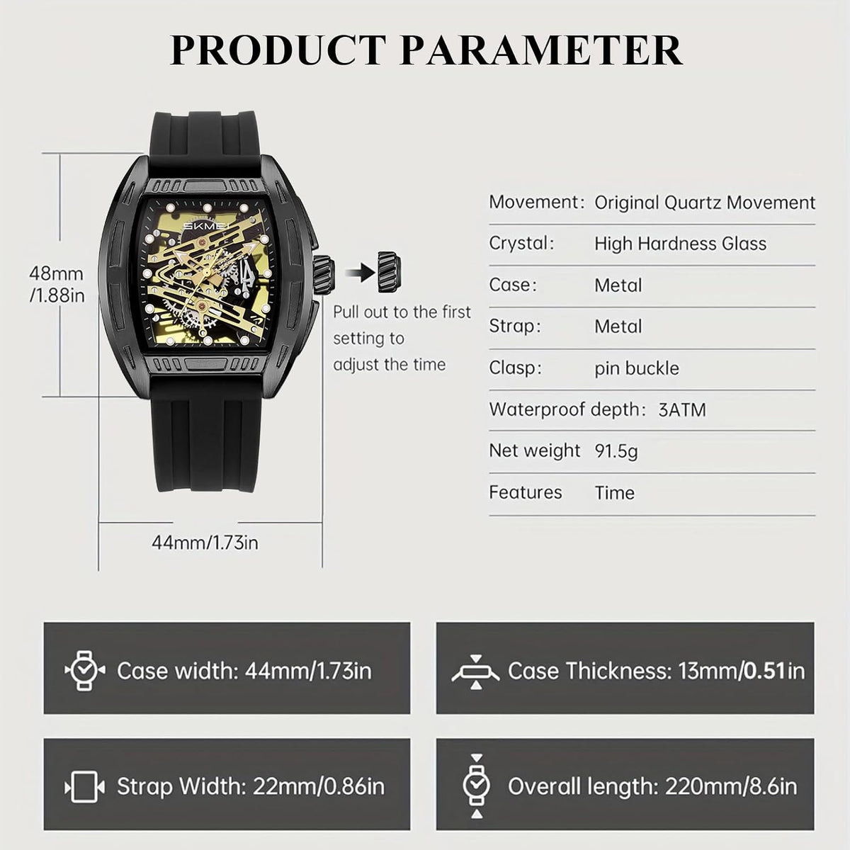 SKMEI Watches for Men,Luxury Square Mechanical Skeleton Mens Watches with 3ATM Waterproof Luminous Silicone Strap Janpanese Movement Wrist Watch